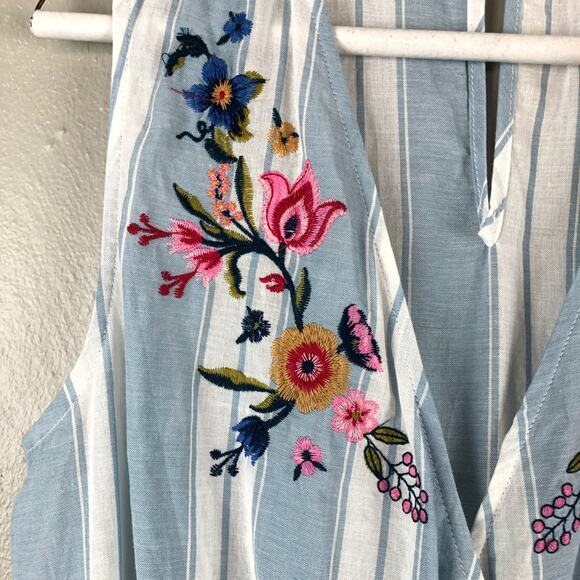 Blu Pepper Blue White Striped Embroidered Floral Deep V Neck Sleeveless Romper - Picture 4 of 6